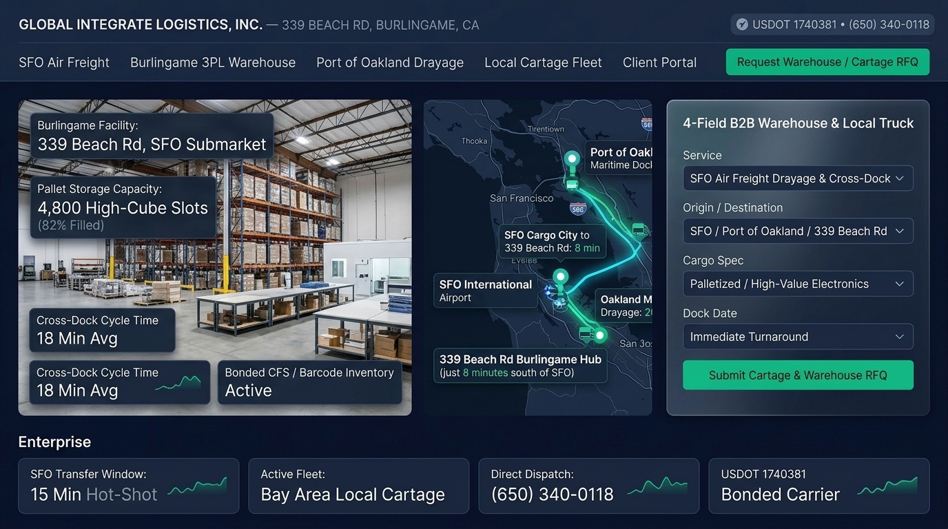 New gilogistics.com homepage design with warehouse photography, a Bay Area corridor map and a four-field quote request